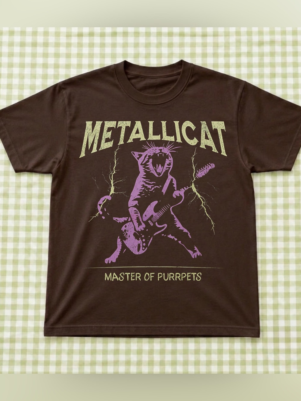 Metallicat Brown Cat and Guitar Graphic Tee, Casual and Metal Shirt